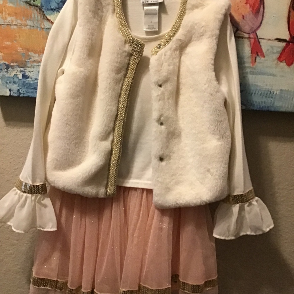 NICOLE MILLER 3 pc Set Sz 6 Lil Girls Für Vest, Sparkle Skirt, Blouse trim gold